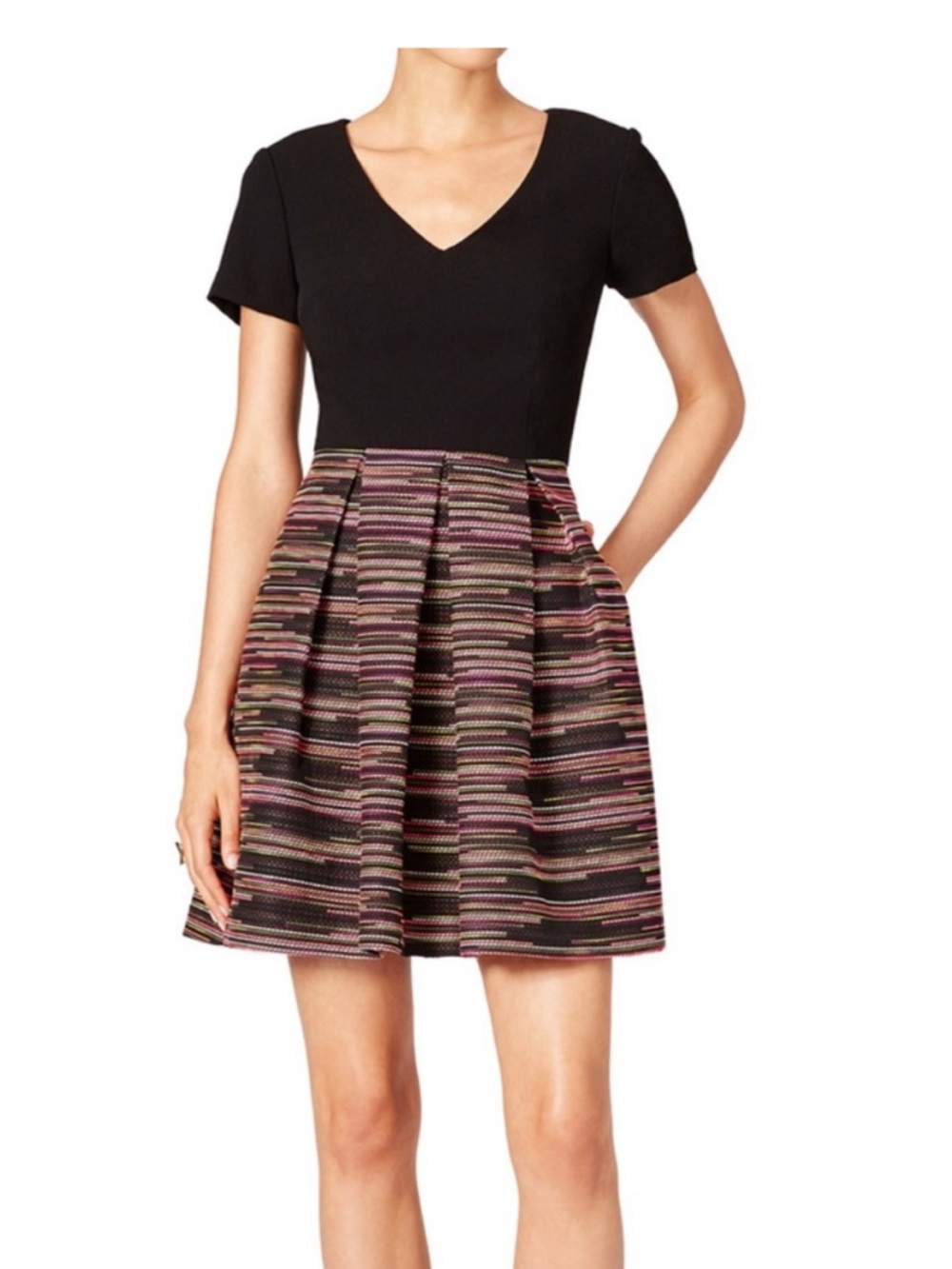 Trina Turk Black Bodice with Pink-Striped Tweed A-Line Dress